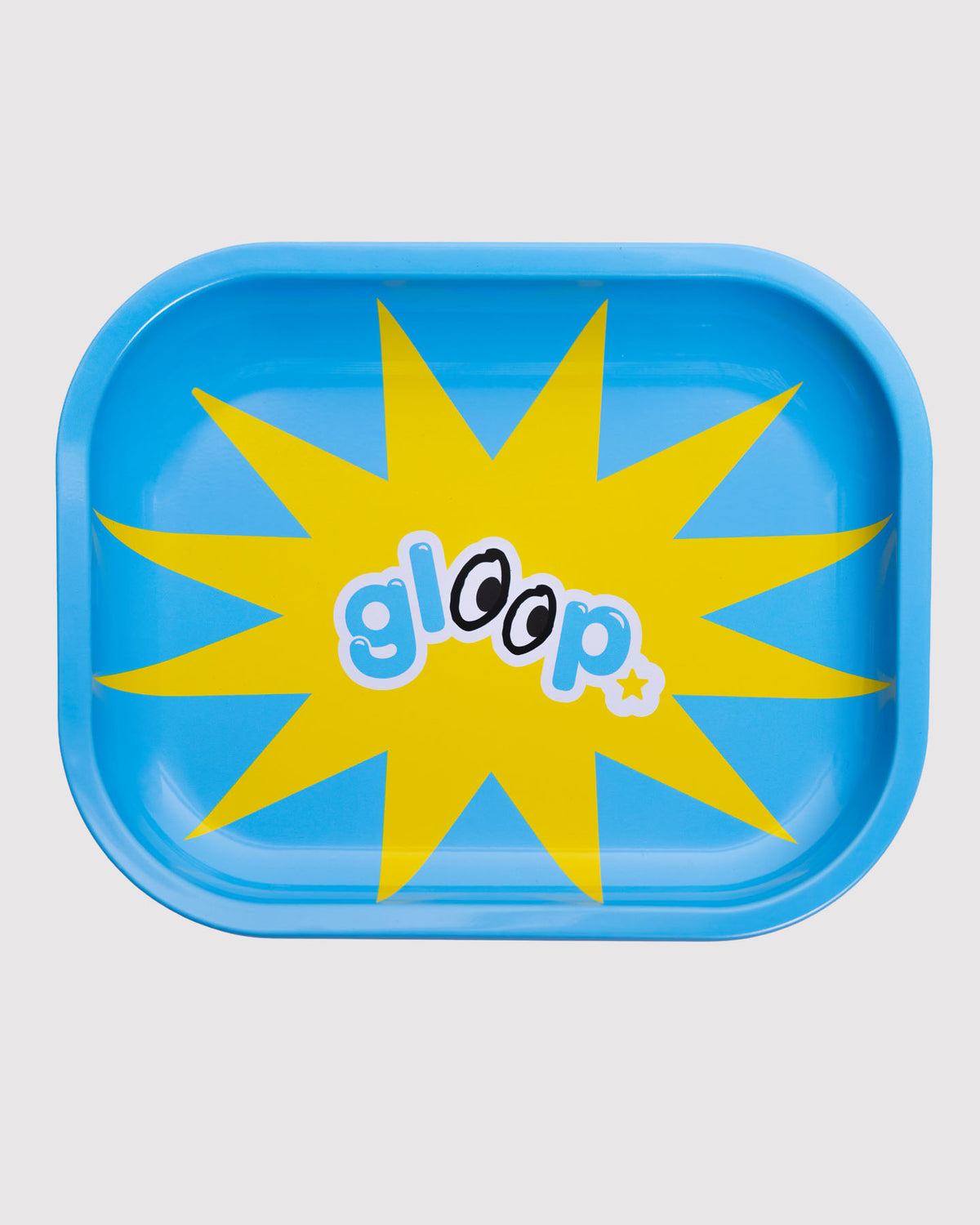 blue metal rolling tray with yellow star and gloop logo