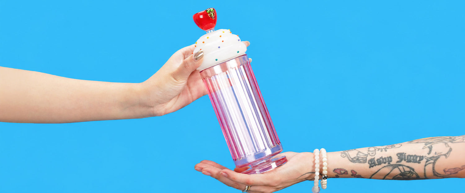 friend passing milkshake gravity bong banner