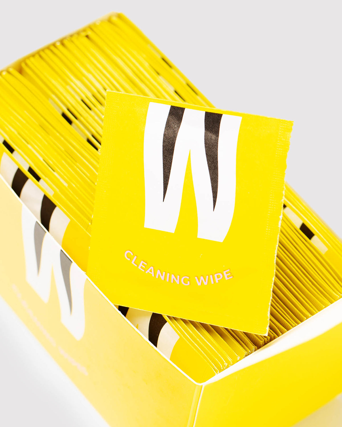 closeup of individual pack of cleaning wipes