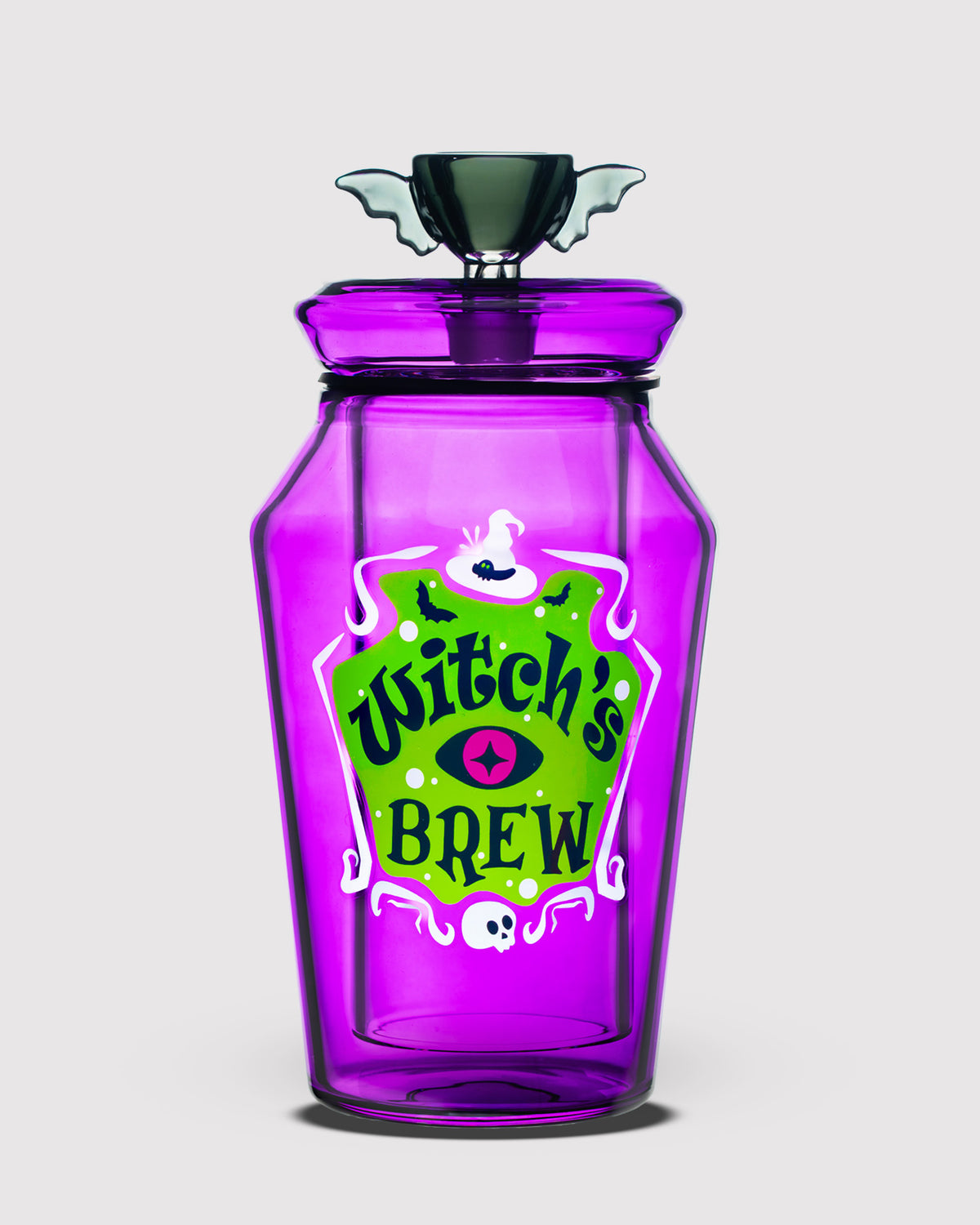 Witch's brew gravity bong with purple glass and a bat bong bowl against a white background