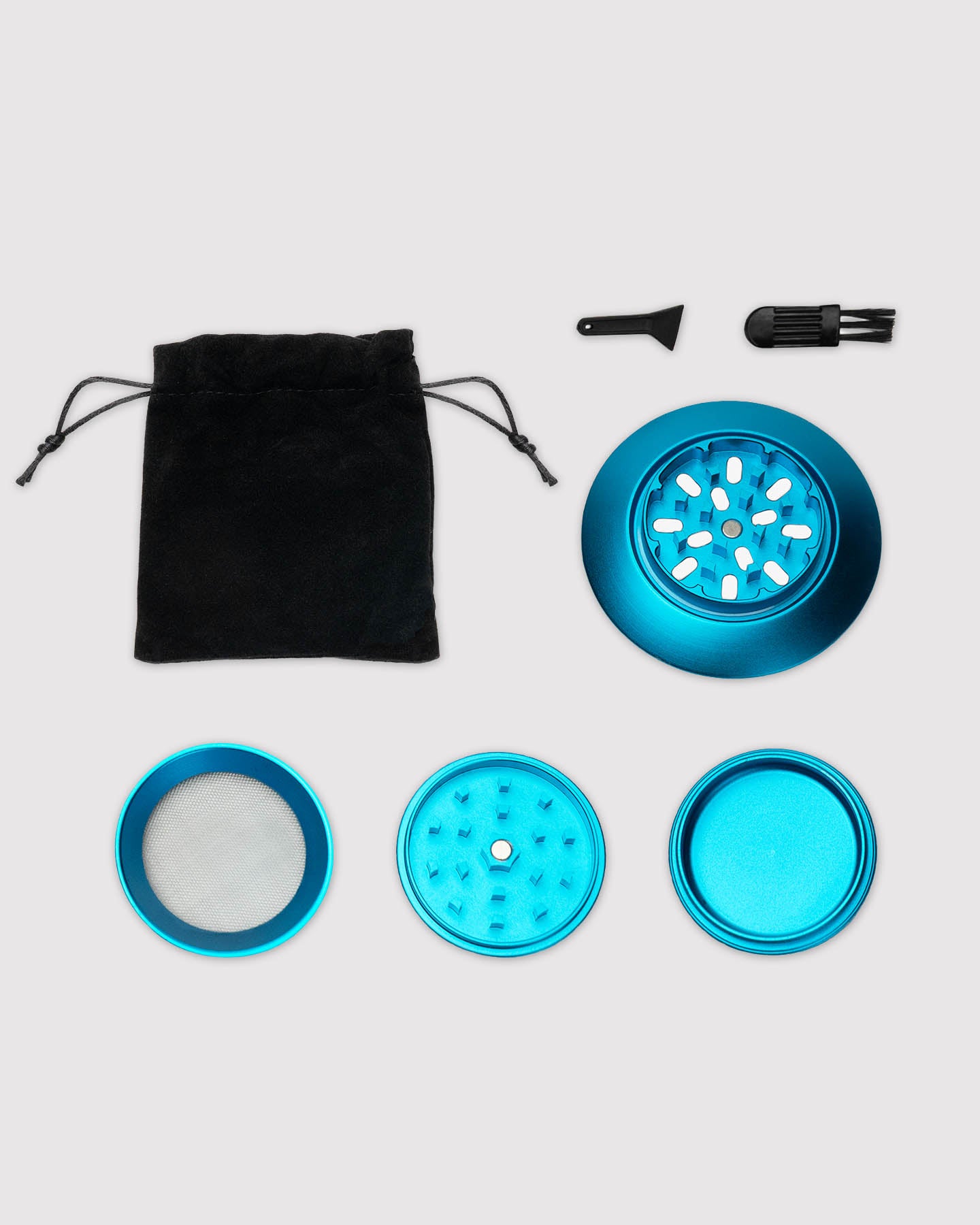 what's included image, ufo grinder disassembled with carrying pouch and cleaning tools