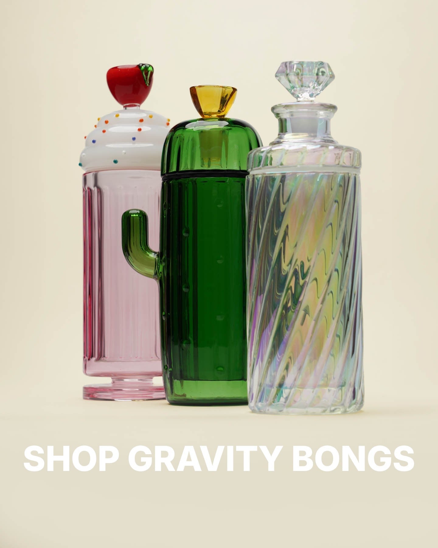 collection of gravity bongs. Showing a sundae, cactus, and iridescent gravity bong. 