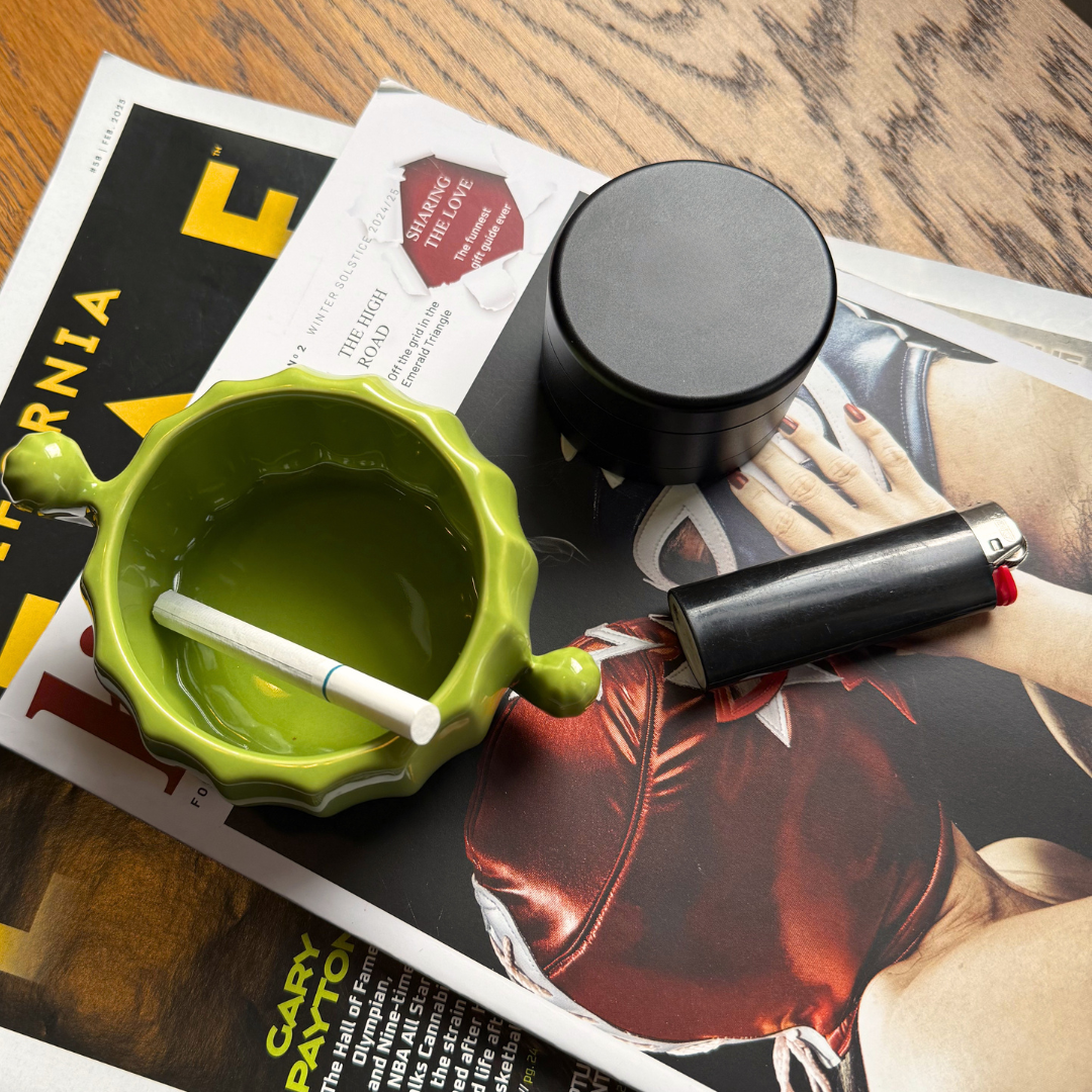 green cactus ash tray on table top 