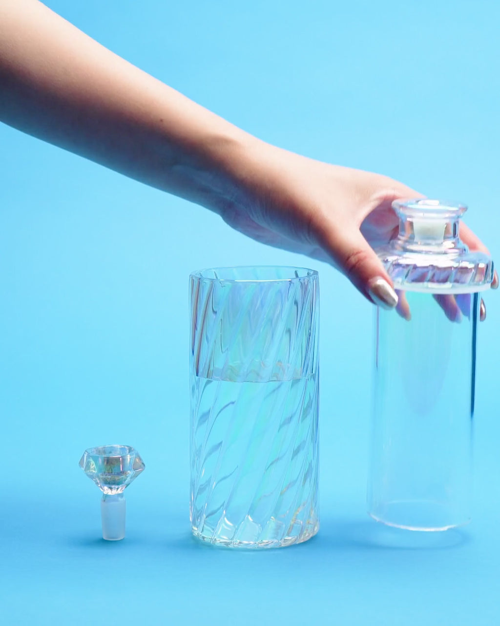 iridescent swirl gravity bong assembly and usage clip 