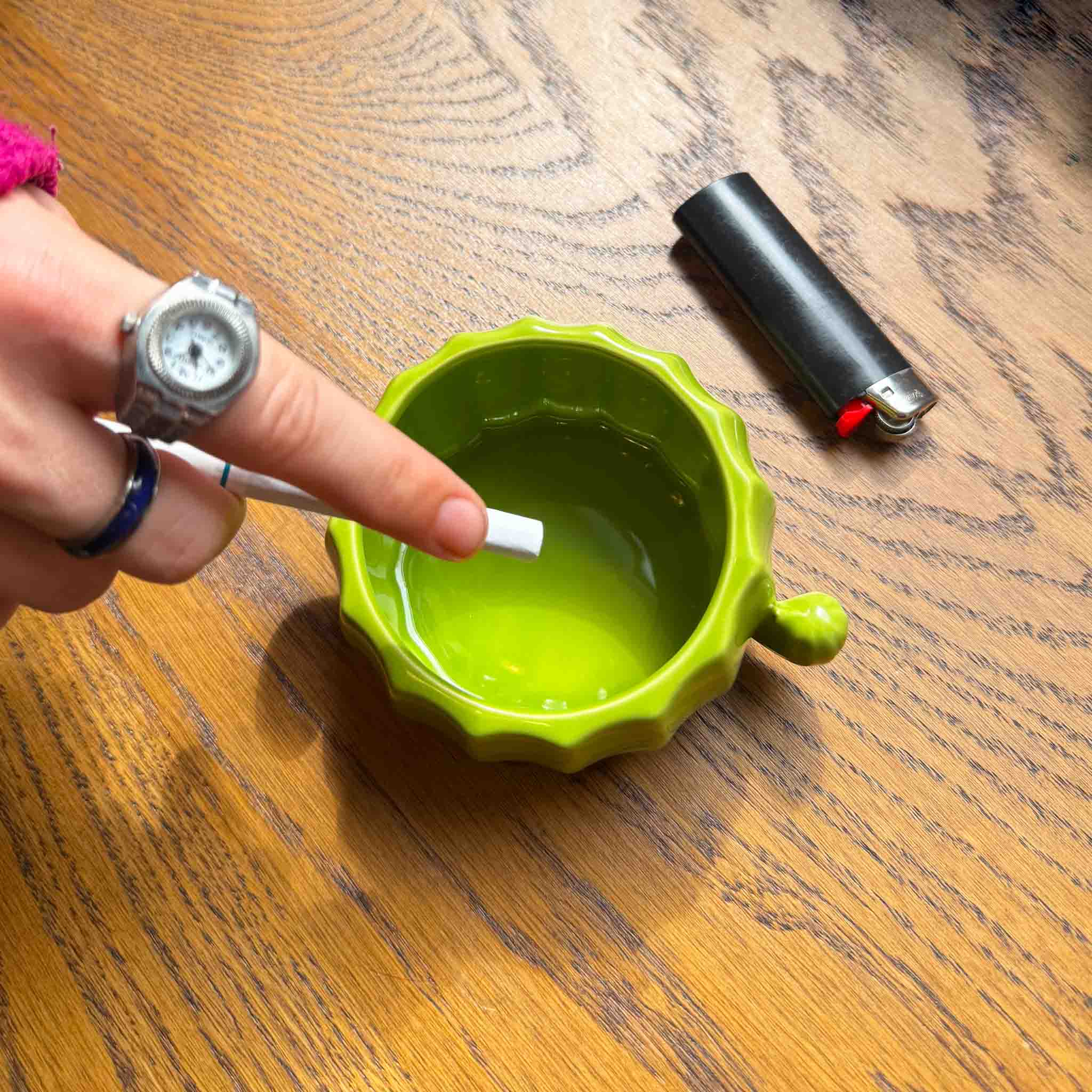 model ashing cigarette in cactus ash tray